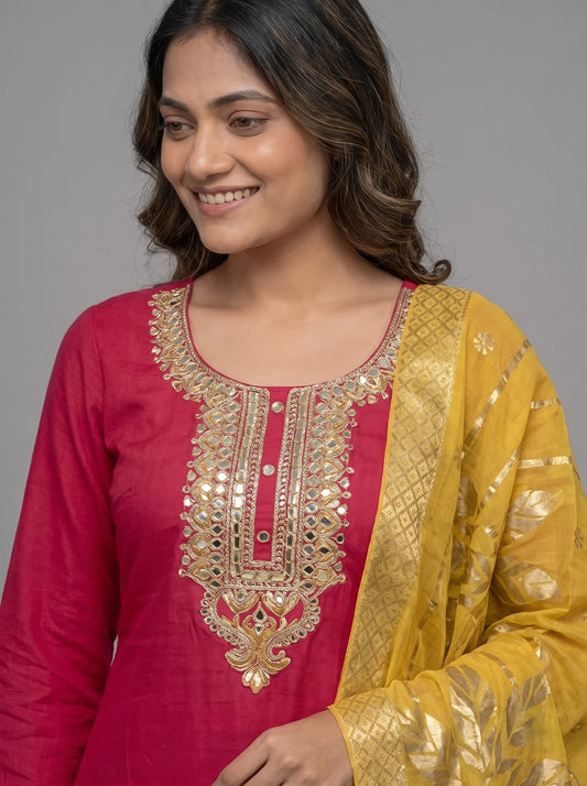 Magenta Pink Chanderi Silk Suit with Heavy Neck Embroidery & Banarasi Dupatta
