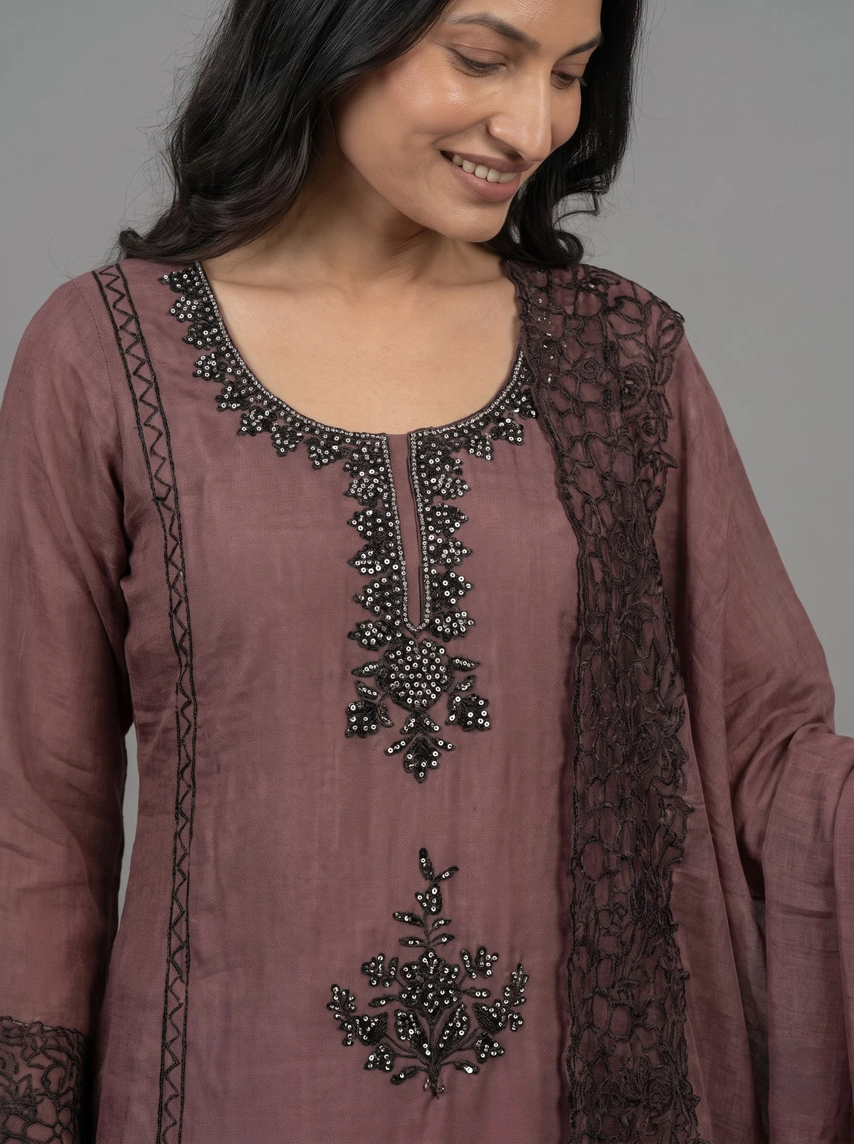 Mauve-Brown Raw Silk Suit with Black Sequin Embroidery & Lace Border