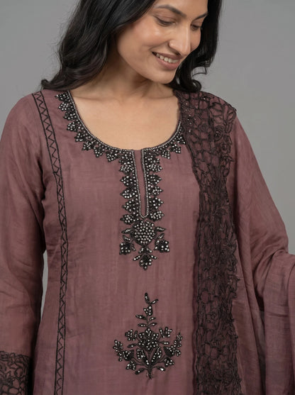 Mauve-Brown Raw Silk Suit with Black Sequin Embroidery & Lace Border