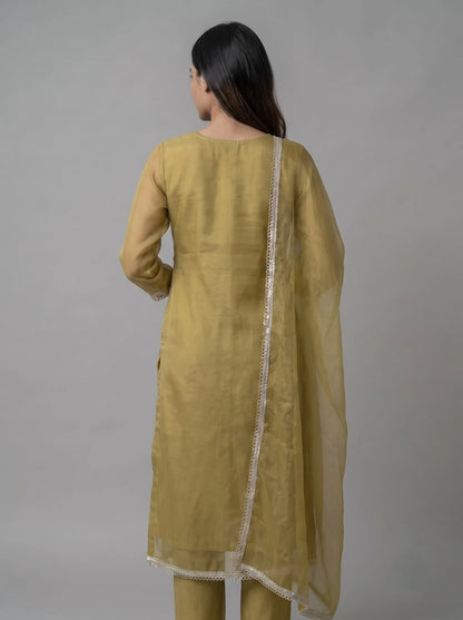 Olive Gold Shimmer Organza Suit with Heavy Gota-Patti Mirror Work