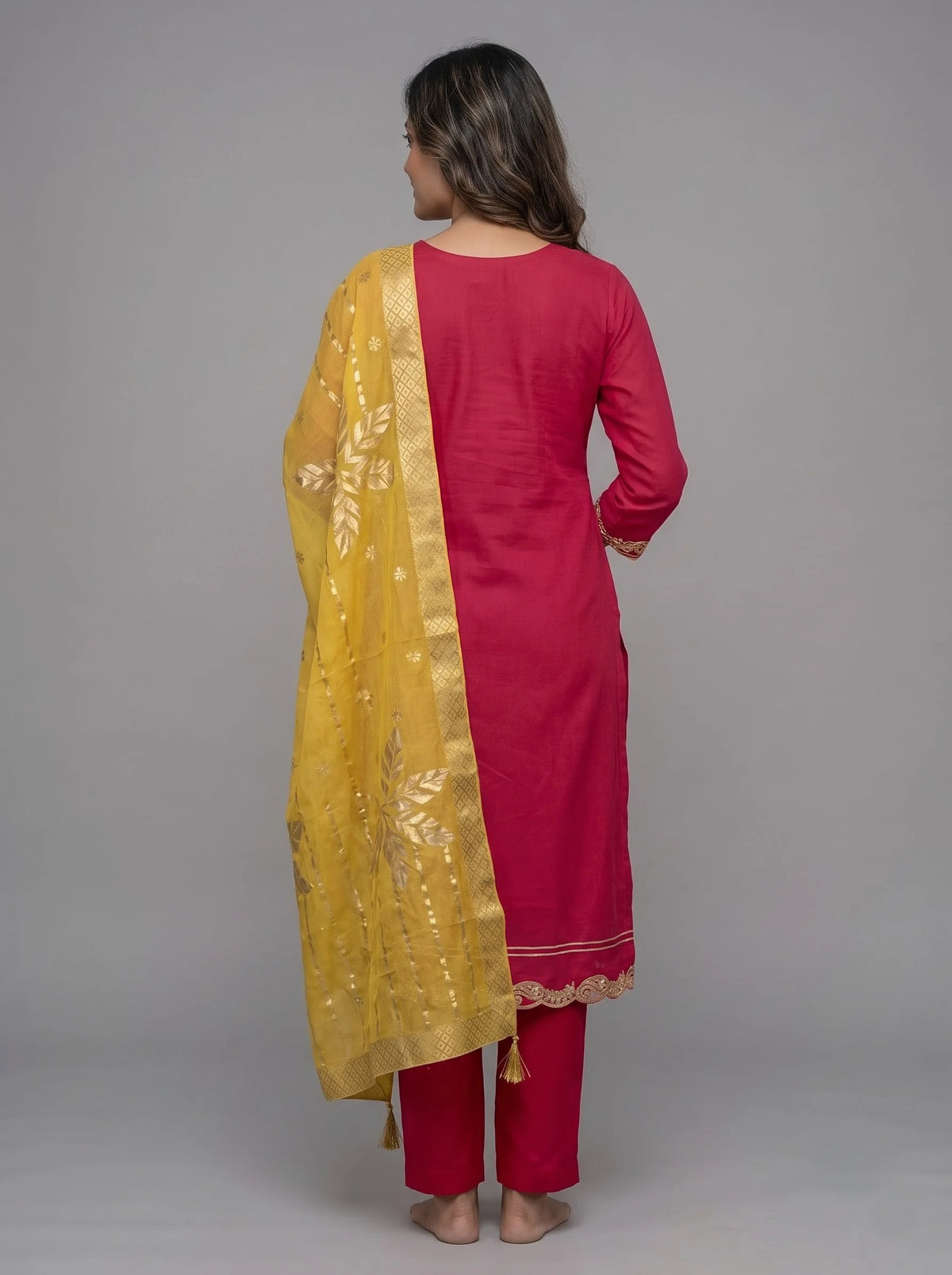 Magenta Pink Chanderi Silk Suit with Heavy Neck Embroidery & Banarasi Dupatta