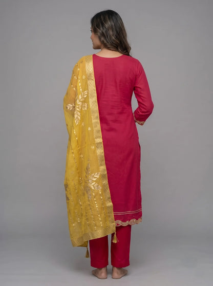 Magenta Pink Chanderi Silk Suit with Heavy Neck Embroidery & Banarasi Dupatta
