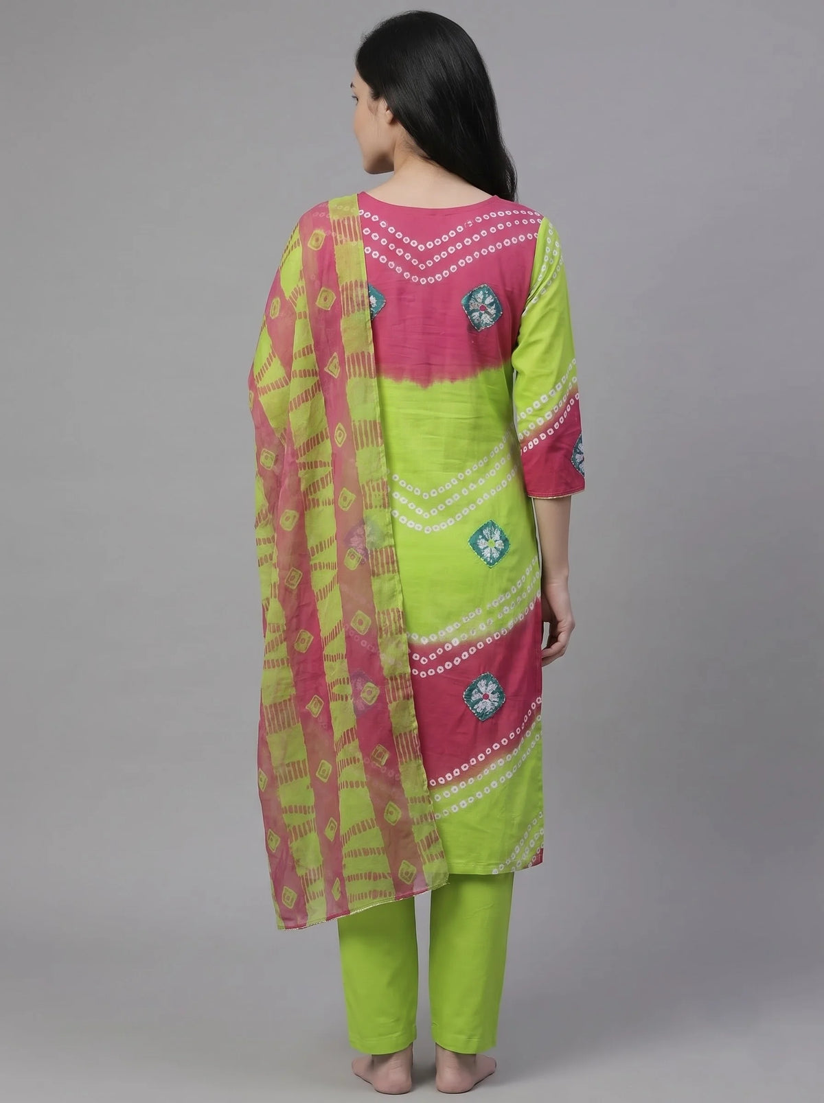 Lime Green & Pink Bandhani Print Rayon Cotton Suit with Gota-Patti Neckline