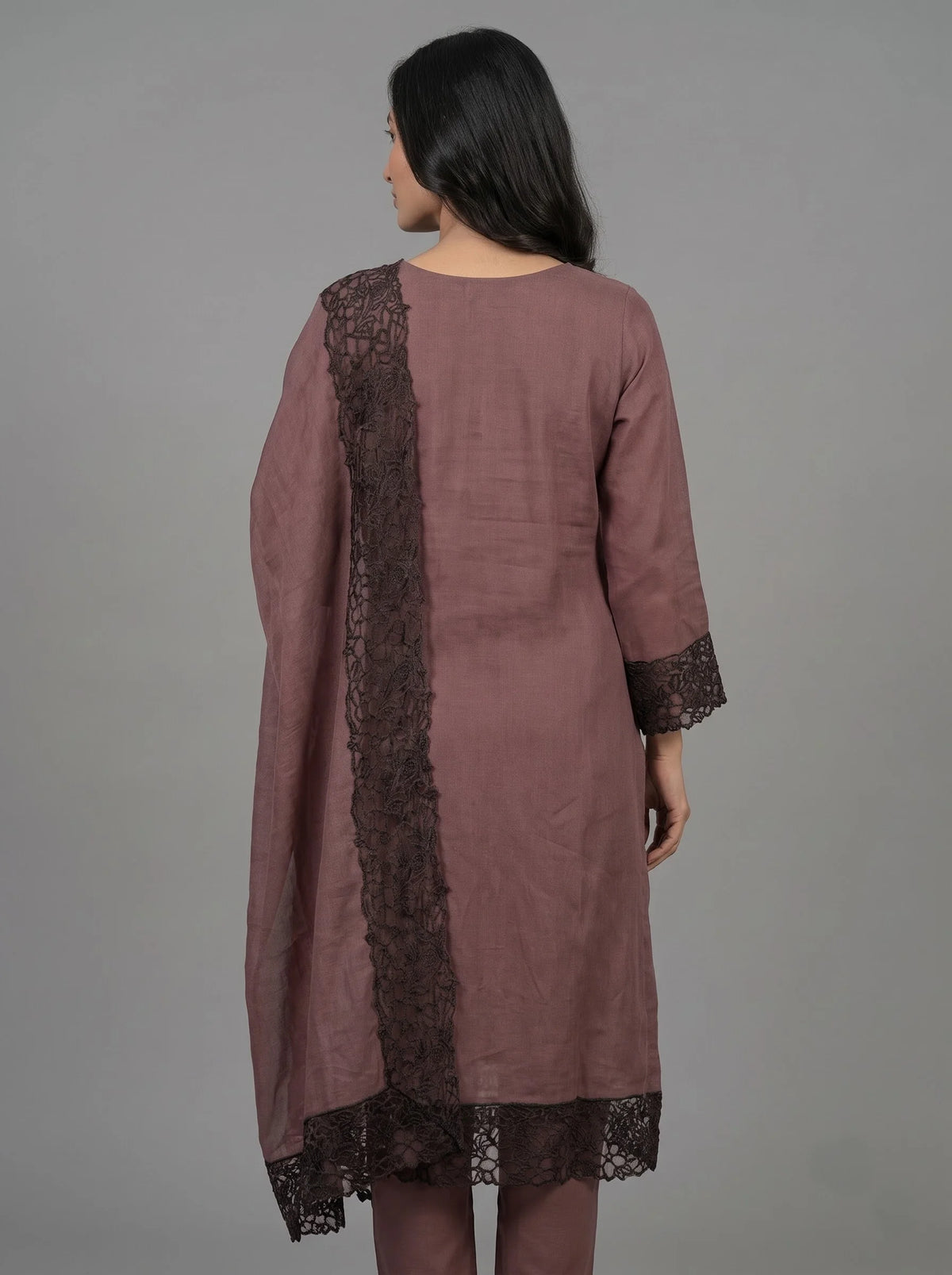 Mauve-Brown Raw Silk Suit with Black Sequin Embroidery & Lace Border