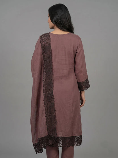 Mauve-Brown Raw Silk Suit with Black Sequin Embroidery & Lace Border