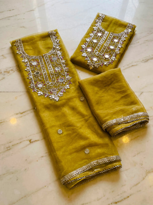Olive Gold Shimmer Organza Suit with Heavy Gota-Patti Mirror Work
