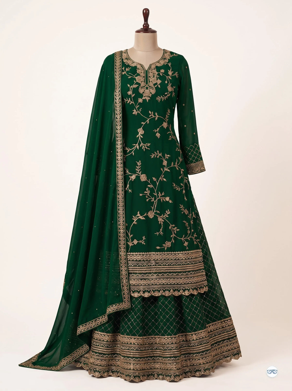 Emerald Green Semi-Stitched Pakistani Suit with Heavy Daman