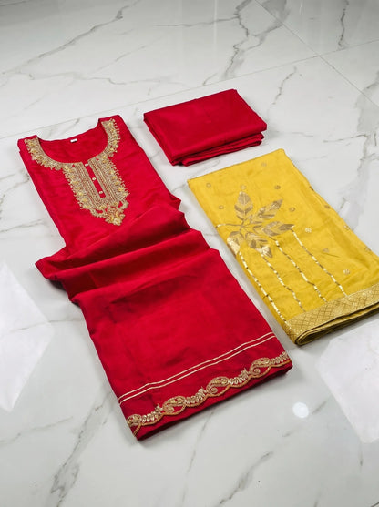Magenta Pink Chanderi Silk Suit with Heavy Neck Embroidery & Banarasi Dupatta