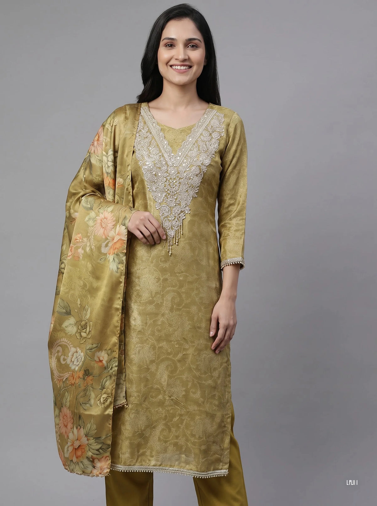 Olive Gold Chanderi Silk Suit with Beaded Neckline & Floral Print Dupatta