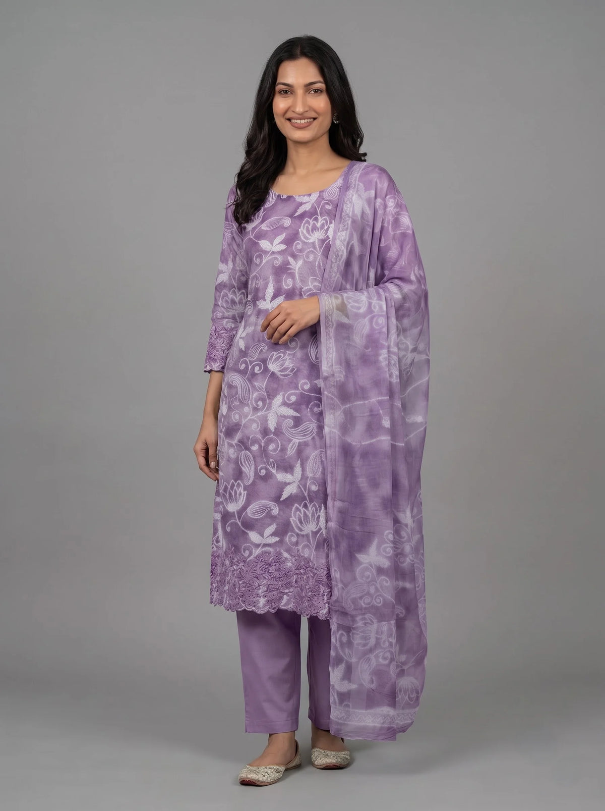 Lavender Jaam Cotton Suit with Floral Vine Embroidery