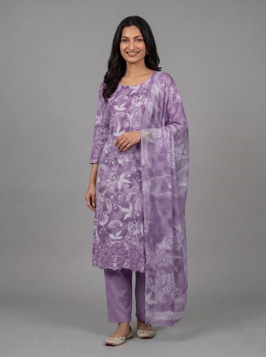 Lavender Jaam Cotton Suit with Floral Vine Embroidery