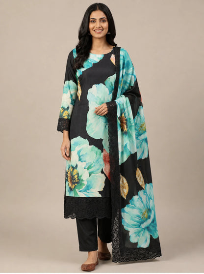 Black Turquoise Floral Digital Print Muslin Suit