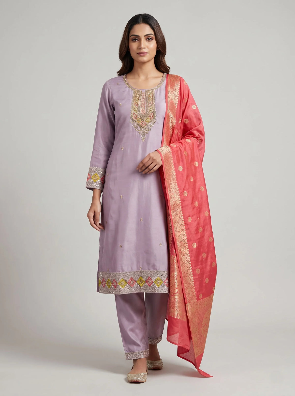 Lavender Gajji Satin Suit with Diamond Sequin Border