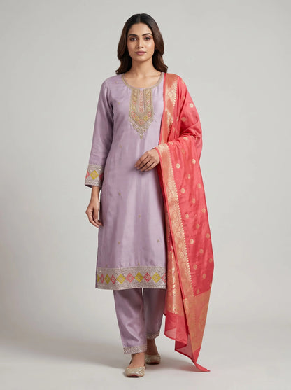 Lavender Gajji Satin Suit with Diamond Sequin Border