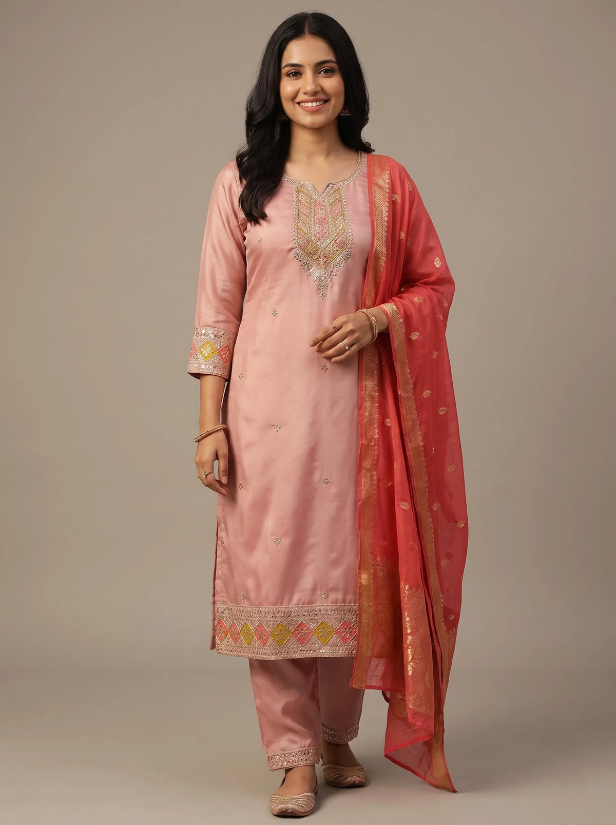 Dusty Pink Gajji Satin Suit with Diamond Sequin Border