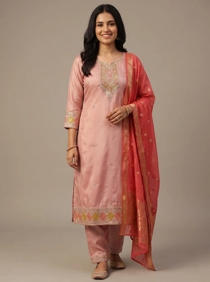 Dusty Pink Gajji Satin Suit with Diamond Sequin Border