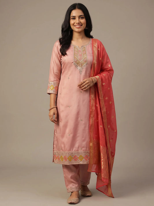 Dusty Pink Gajji Satin Suit with Diamond Sequin Border