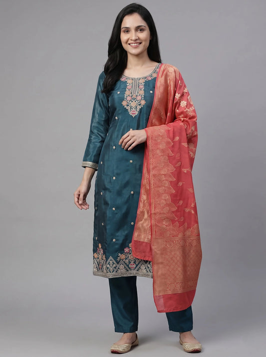 Teal Gajji Satin Suit with Floral Neck & Daman Embroidery