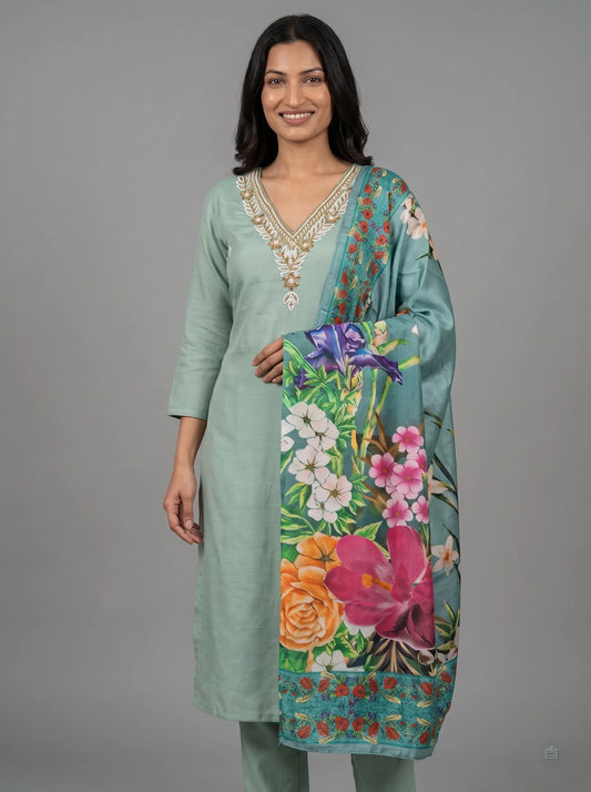 Sage Green Chanderi Silk Suit with Hand Jari Embroidered Neckline