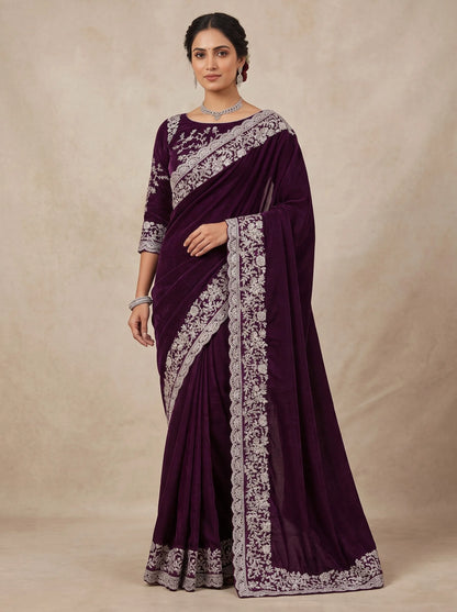 Deep Purple Rangoli Silk Saree with Heavy Silver Embroidered Border