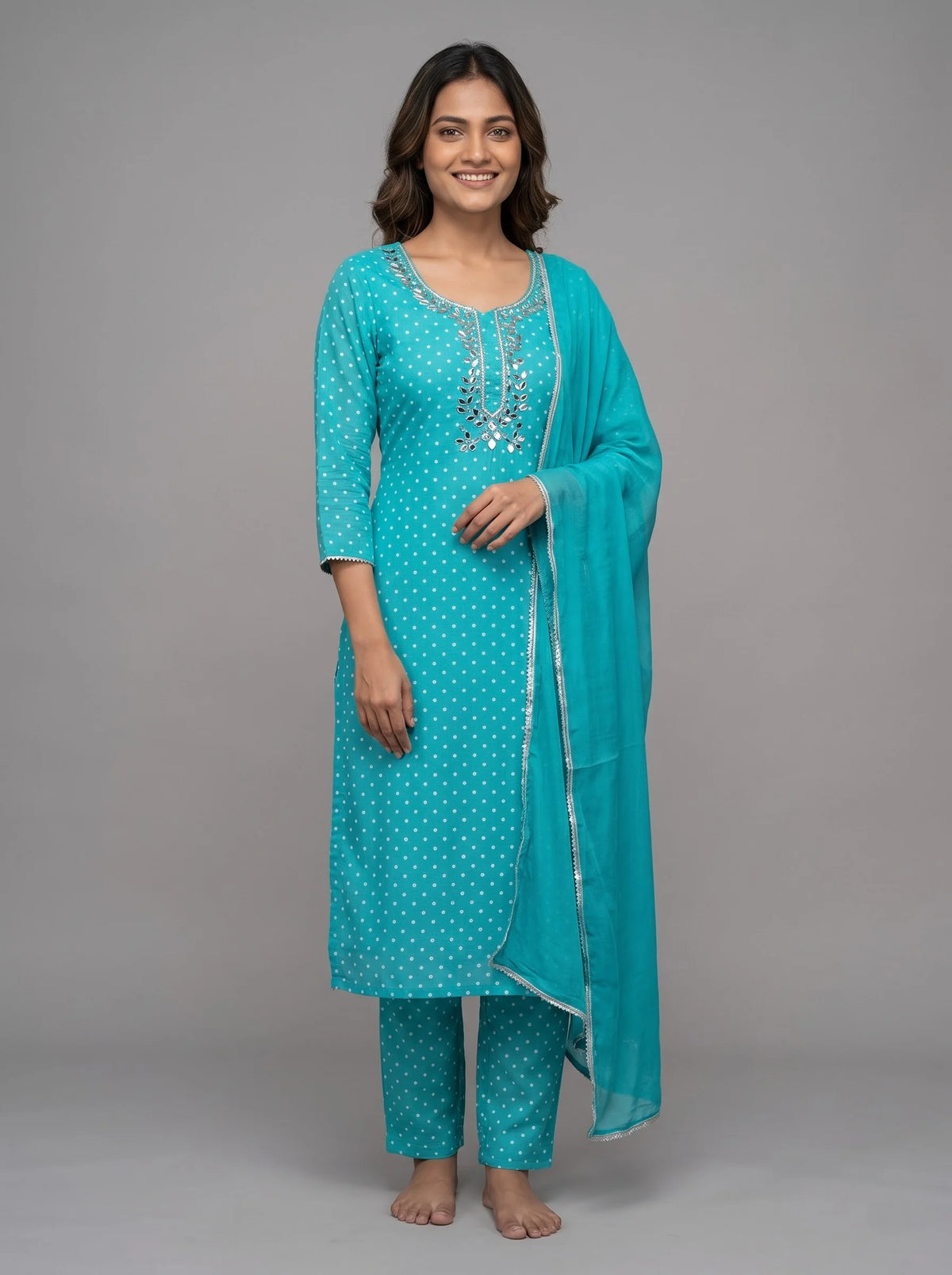 Teal Polka Dot Suit with Silver Mirror Embroidered Neckline