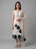 Ivory Glass Organza Unstitched Suit with Teal Floral Motif