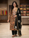 Black Floral Paisley Print Rayon Cotton Suit with Heavy Neck Embroidery