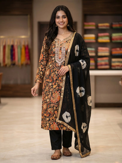 Black Floral Paisley Print Rayon Cotton Suit with Heavy Neck Embroidery