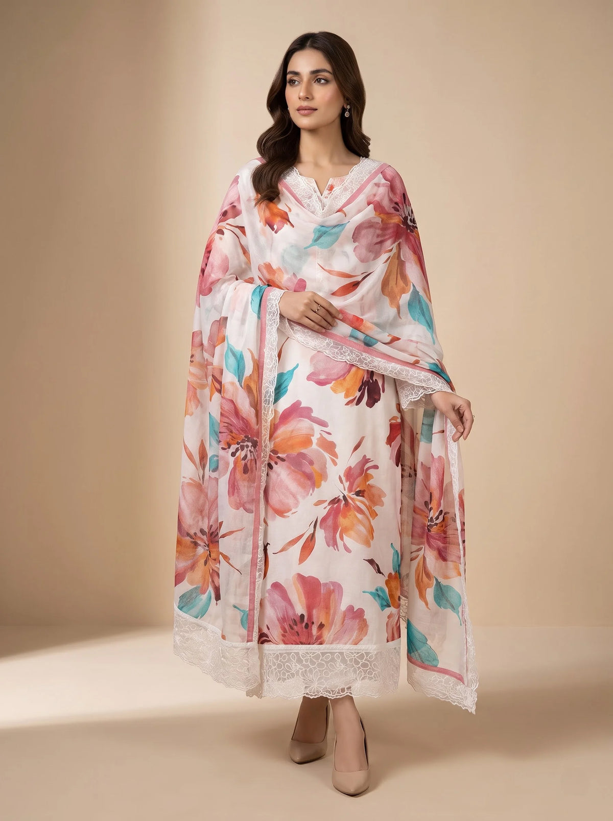Ivory Coral Floral Digital Print Muslin Suit