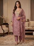 Mauve Rose Self-Woven Chanderi Silk Blend Suit with Embroidered Neckline