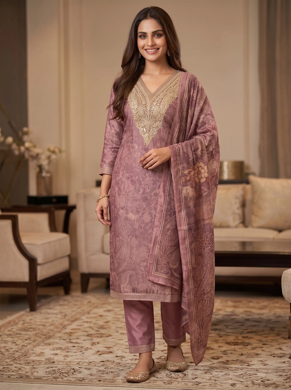 Mauve Rose Self-Woven Chanderi Silk Blend Suit with Embroidered Neckline