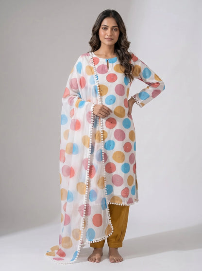 Ivory Multicolor Polka Dot Organza Unstitched Suit with Pom-Pom Lace Border