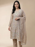 Taupe Silk Suit with Pearl-Embroidered Tulip Neckline