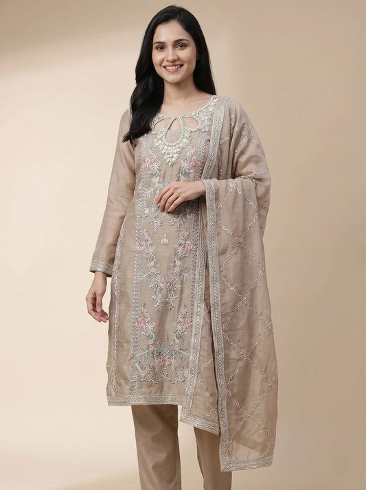 Taupe Silk Suit with Pearl-Embroidered Tulip Neckline