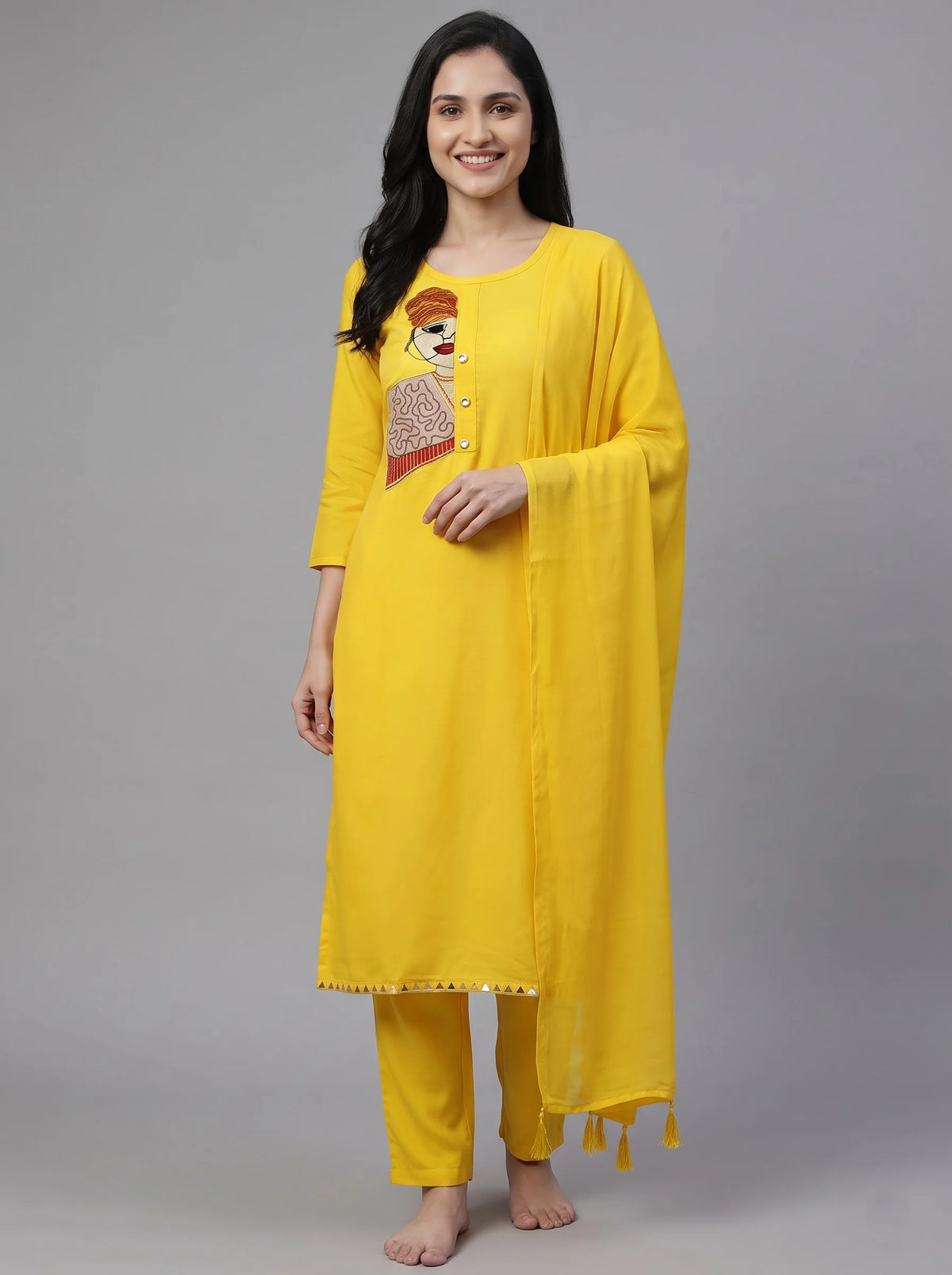 Yellow Rayon Cotton Suit with Big Motif Embroidery