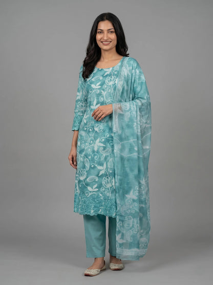 Turquoise Jaam Cotton Suit with Floral Vine Embroidery