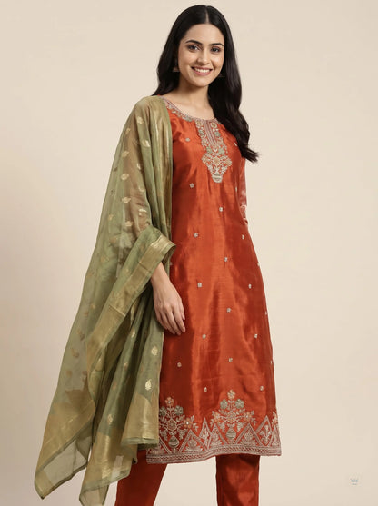 Rust Orange Gajji Satin Suit with Heavy Neck & Daman Embroidery