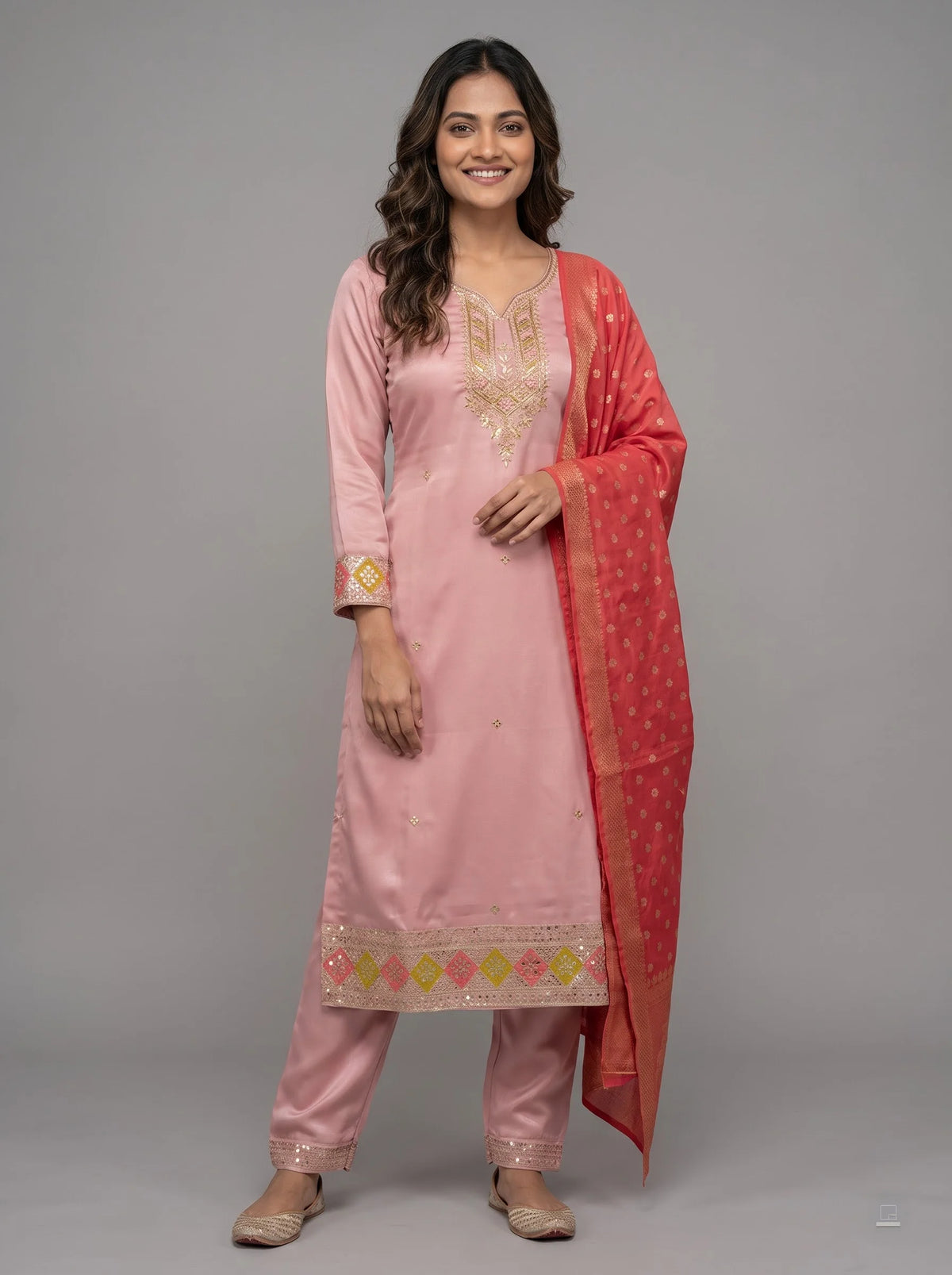 Dusty Pink Bemberg Silk Ziraff Jacquard Suit with Heavy Neck Embroidery