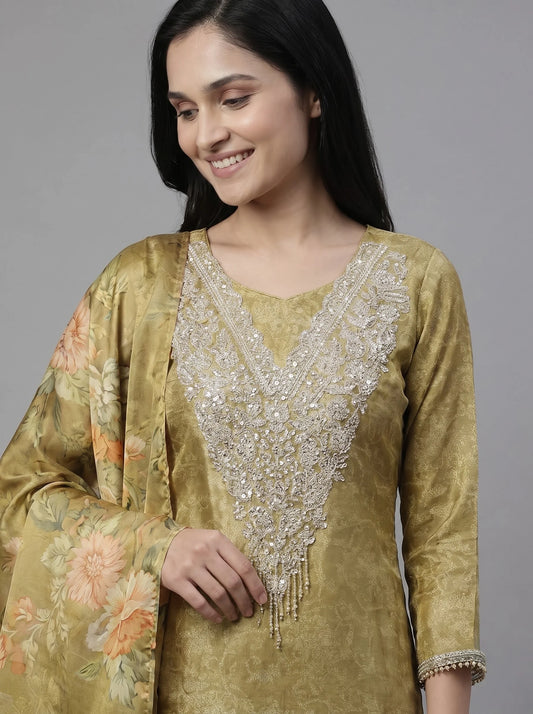 Olive Gold Chanderi Silk Suit with Beaded Neckline & Floral Print Dupatta