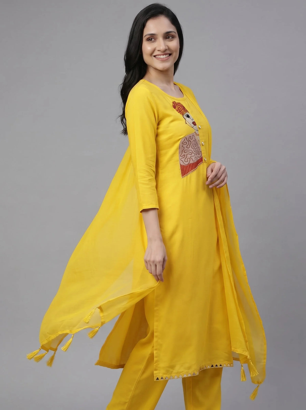 Yellow Rayon Cotton Suit with Big Motif Embroidery