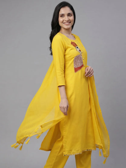 Yellow Rayon Cotton Suit with Big Motif Embroidery