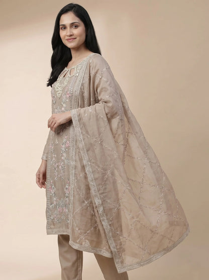 Taupe Silk Suit with Pearl-Embroidered Tulip Neckline