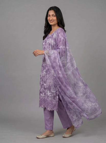 Lavender Jaam Cotton Suit with Floral Vine Embroidery