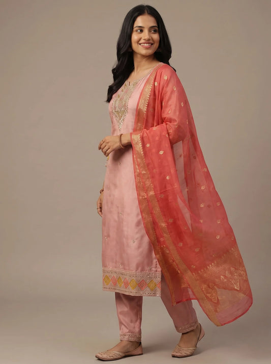 Dusty Pink Gajji Satin Suit with Diamond Sequin Border