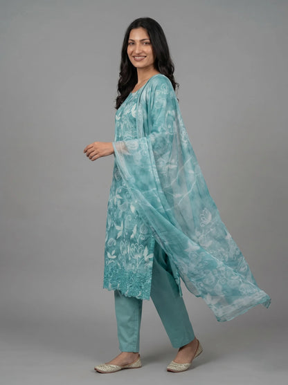 Turquoise Jaam Cotton Suit with Floral Vine Embroidery