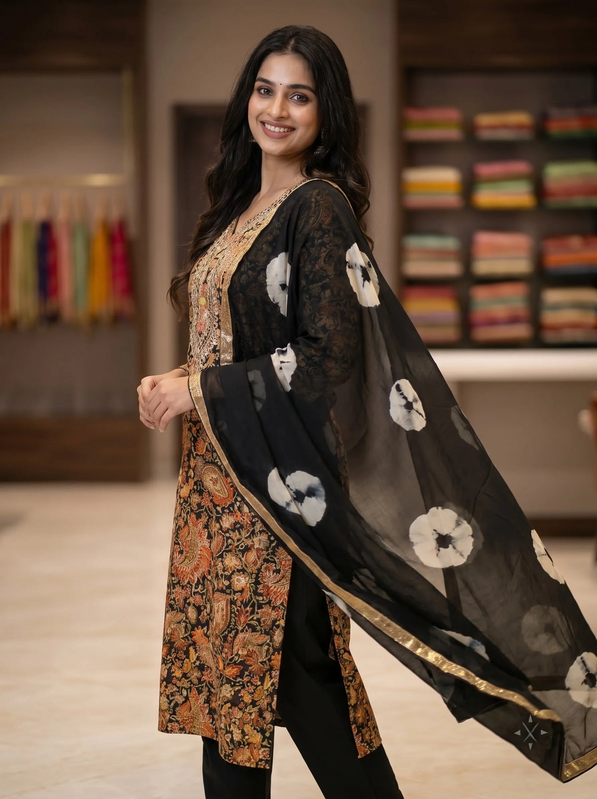 Black Floral Paisley Print Rayon Cotton Suit with Heavy Neck Embroidery