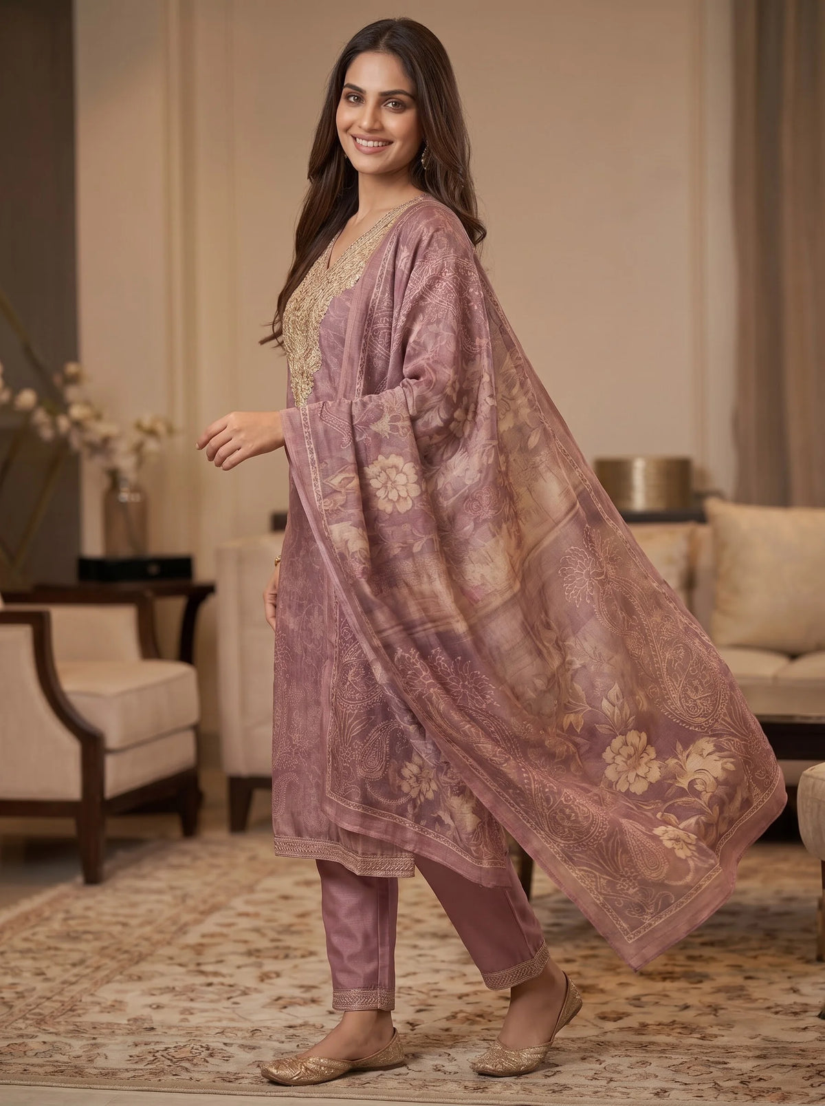 Mauve Rose Self-Woven Chanderi Silk Blend Suit with Embroidered Neckline