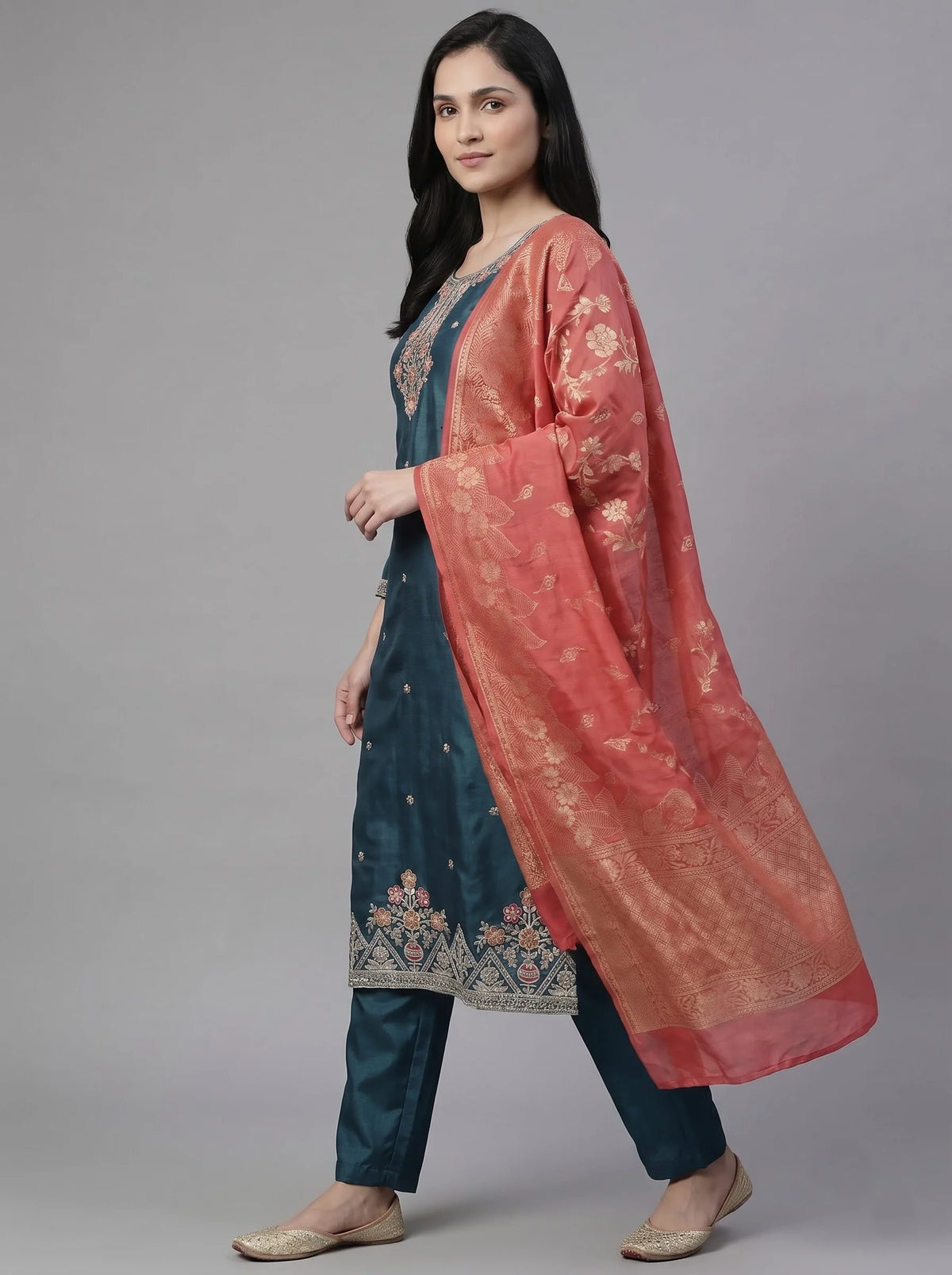 Teal Gajji Satin Suit with Floral Neck & Daman Embroidery