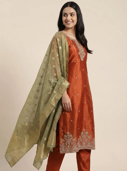 Rust Orange Gajji Satin Suit with Heavy Neck & Daman Embroidery