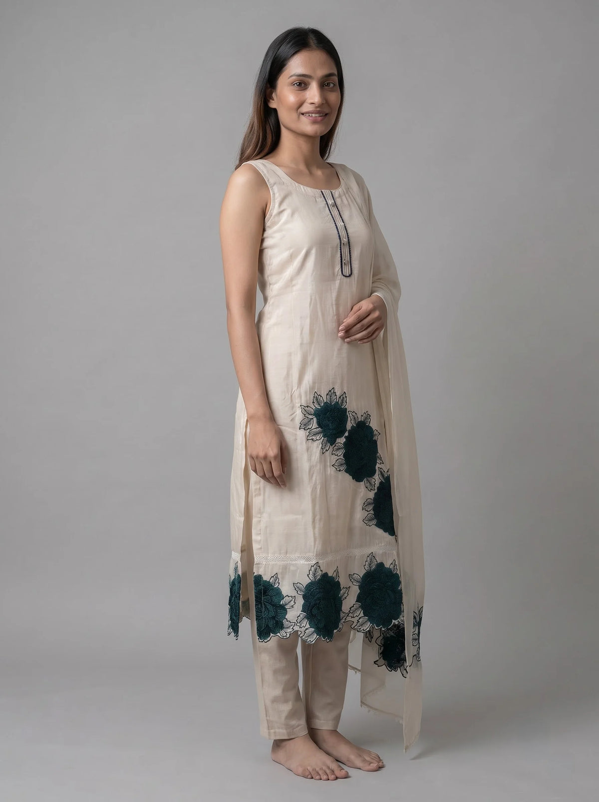 Ivory Glass Organza Unstitched Suit with Teal Floral Motif